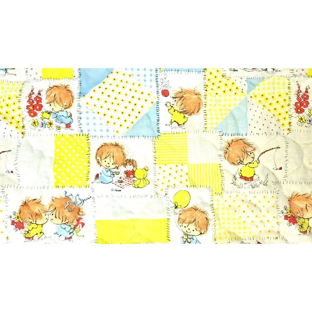 Vintage Patchwork Print Baby Quilt Child Yellow Little Lil Shavers 1970 Satin - Picture 5 of 13
